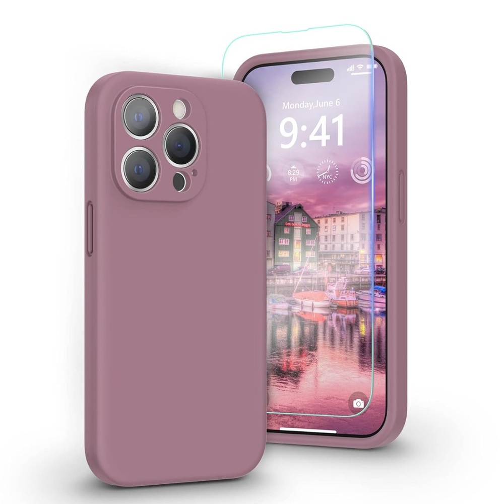 ABITKU Silicone Purple Phone Case for iPhone 14 Pro Includes a Screen Protector